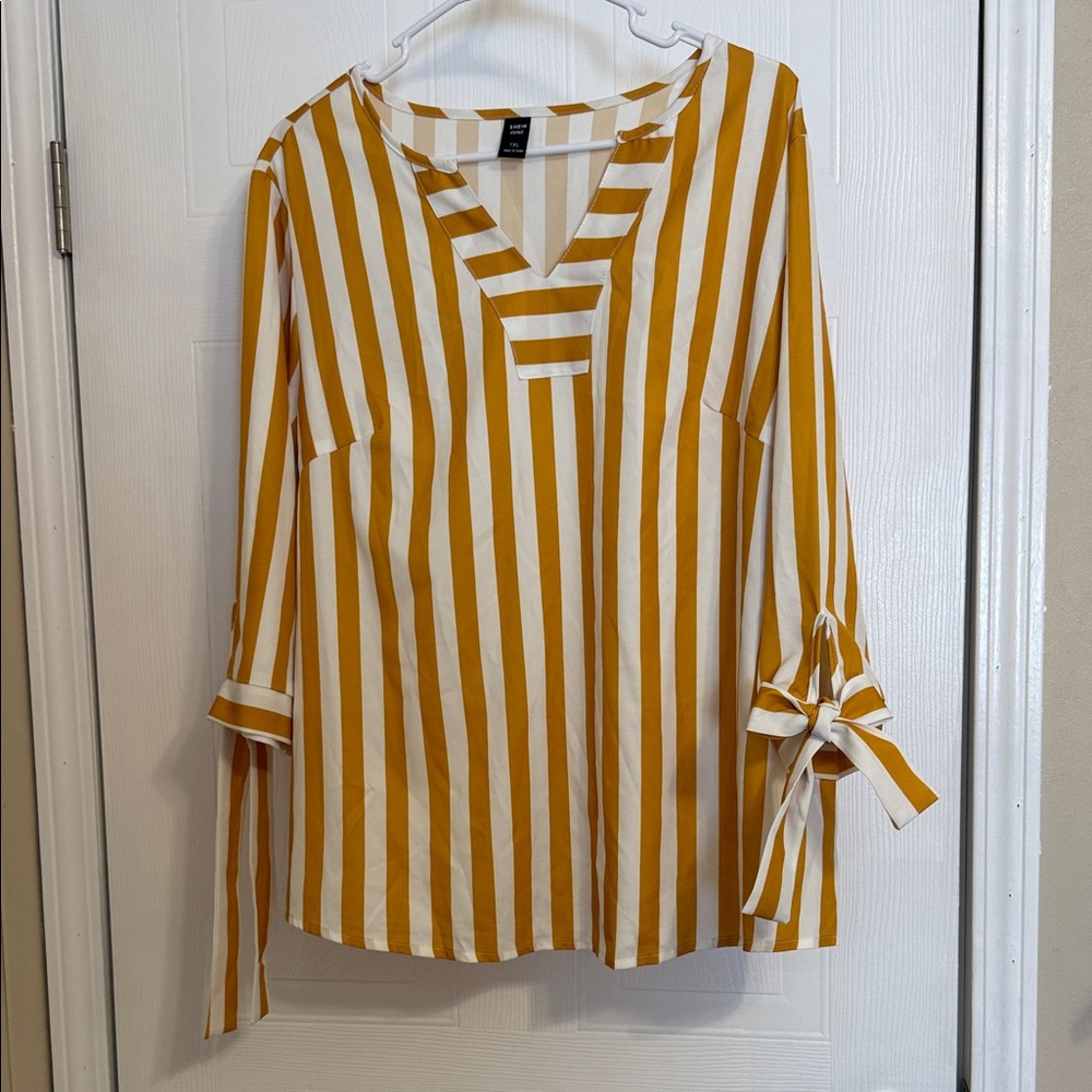 SHEIN Mustard & White Vertical Stripe Tie-Sleeve Blouse
